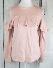 Polly & Esther Ladies Cold-shoulder Ruffle Sweatshirt Top Pullover Pink Medium