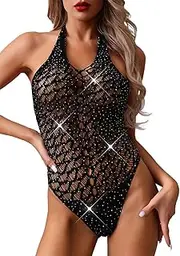 [Exlif] Women Black Fishnet Sparkly Bodysuit Sexy Rhinestone Mesh Teddy One Piece Lingerie