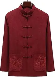 [Generic] Tang Suit,Autumn Chinese Style Men's Middle-Aged Tang Suit Men's Long-Sleeved Dad Autumn Suit Grandfather Coat Plus Size （Black,Gray,Wine-Red,Blue）