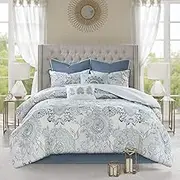 Madison Park Reversible Cotton Comforter Season Set, Matching Bed Skirt, Decorative Pillows, King(104"x92"), Isla, Floral Medallion Blue 8 Piece