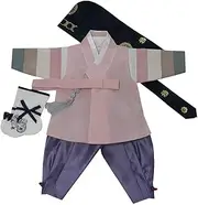 [hanbok store] 100 Day Birth Korea Baby Boy Hanbok Traditional Dress Outfits Celebration Party Ivory Purple Set, Ivory, Medium