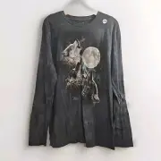 The Mountain Wolf Shirt Long Sleeve Tie Dye Dark Green Howling Moon Wolf Sz 2XL
