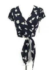 New Flynn Skye Thats a Wrap Crop Top Flutter Womens S Black White Floral Rayon