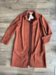 NWT Philosophy Coat Faux Brushed Suede Leather Open Front Size M Brown Duster