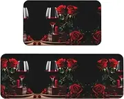 Red Rose and Wine Romantic Lovers Decor Print Kitchen Floor Mat 2 Sets Non-Slip Rugs for Kitchen Laundry Office and Home Decor