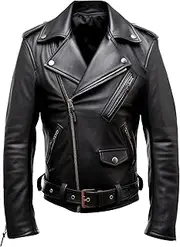 [Sumairah] Mens Motorcycle Sheepskin Coat Black Double Rider Casual Zipper Multi Pockets Stand Collar Bikers Genuine Leather Jackets