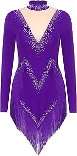 [Manyakai] Women Tassel Latin Dance Dresses Long Sleeve Shiny Rhinestones Dress Salsa Tango Ballroom Dance Outfit