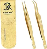Metaleks 2Pcs Eyelash Extension Tweezers Set Made of Japanese Stainless Steel with Pouch (Golden Titanium Coated)