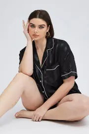 Black Stripe Pyjama Set Satin Jacquard Stripe Piping Pj