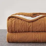 [Longhui bedding] Burnt Orange 50 x 63 Inches Acrylic Cable Knit Sherpa Throw Blanket - Thick, Soft, Big, Cozy Knitted Fleece Blankets for Couch, Sofa, Bed - Large Coverlet All Season