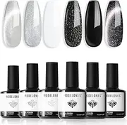 Modelones Gel Nail Polish Set, 6 Colors Cat Eye Black White Gray Silver Glitter Shimmer Gel Polish Kit with Magnet Sparkle Galaxy Series Soak Off Nail Art Manicure Home for Women Girl