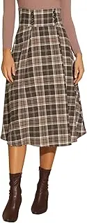 [Allegra K] Vintage Plaid Skirt for Women's High Elastic Waist Fall Winter A-Line Tartan Midi Skirt