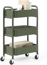 SunnyPoint 3-Tier Delicate Compact Rolling Metal Storage Organizer - Mobile Utility Cart Kitchen/Under Desk Cart with Caster Wheels (Army, Compact (15.5" X 26.8" X 10.27"))