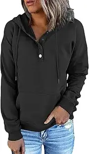 HELVES Women's Button Fly Hoodie - Casual Hoodies Pullover Tops with Hooded Button Collar,Drawstring Loose Quarter Zip Pullover Tops with Pockets, Fall Clothes with Pocket for Teen Girls Black