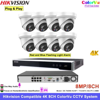 ColorVu Hikvision CCTV System Kit 8CH 4K Security IP camera Flashing Light Alarm