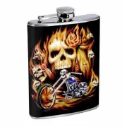 Flask 8oz Stainless Steel Skull D 14 Skulls on Fire Bike Biker Whiskey