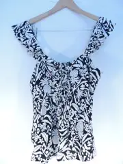 Loft Pineapple Ruffle Tank Top Sleeveless Black White Women Rayon Large New NWT