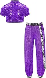 [FEESHOW] Kids Girls Sport Suit Mock Neck Dance T-Shirt with Sequins + Pants for Hip Hop Stage Performance