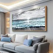 Lapremoly Wood Framed Canvas Wall Art For Living Room Large Wall Decor For Bedroom Office Wall Decorations Black And White Beach Wall Painting Blue Ocean Sea Wave Landscape Pictures Artwork 24"X48"