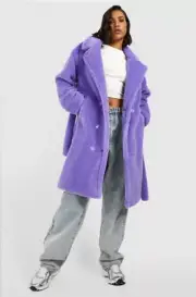 NWT Boohoo Size 6 Purple Faux Fur Belted Knee Length Coat