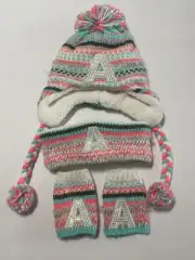 Justice Kids One Size Winter Set-A Initial-mitts, Ear Warmer, Hat With Tag