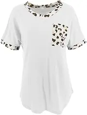 [Zylphorix] Women V-Neck Leopard T-Shirt Summer Short Sleeve Cheetah Tees Loose Cotton Solid Color Pullover Top