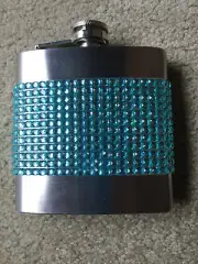 TURQUOISE RHINESTONE COVERED STAINLESS STEEL METAL ALCOHOL LIQUOR FLASK 6 OZ.