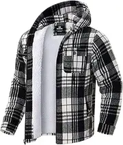 [G Gradual] Men's Flannel Jacket Fleece Sherpa Lined Hoodies Zip Up Plaid Shirt Warm Winter Jackets for Men with Zipper Pockets
