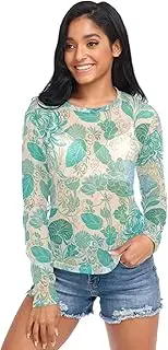 [ODAWA] Retro Teal Floral Long Sleeve Sheer Blouse See Through Sheer Mesh Top Workout Tops Hoodies