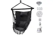 Costway Hammock Macrame Chair Hanging Swing Chair w/2 Cushions Pillow & Installation Kit Home Garden Grey