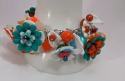 SerenitySue Hand-Made Artisan Charm Bracelet One Of A Kind Teals & Peach Flowers