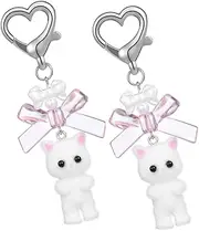 SECFOU 2 Pcs Cute Cat Keychains Plush Keyring Pendant for Backpack Decor Fuzzy Cat Charms with Heart Bow Ornament Kawaii Keychain for Women and present