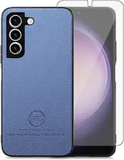 [Asuwish] Mobile Phone Case for Samsung Galaxy S23 Plus S23+ 5G Case with Tempered Glass Screen Protector Glass Leather S23plus 23S S 23 + 23+ Mobile Phone Cases Protective Glass Phone Case Blue