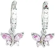 [JewelryWeb] 925 Sterling Silver Rhodium Plated Pink CZ Simulated Diamond Butterfly Angel Wings Drop Hinged Earrings 19x10mm Stud Earring for Women