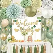 Sage Green Baby Shower Decorations, Welcome Baby Gender Neutral Decor with Tissue Pom Poms, Balloons, Tassel Garland, Paper Lanterns