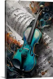 Blue Violin and Sheet Music Giclee Art Print Poster or Canvas up to 24x26