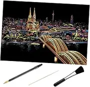 Beatifufu 1 Set DIY Scratch Picture Cologne Cathedral Night Scene with Bamboo Stick Gold Plated Pen Brush Creative Scratchboard Art for Home Decor Crafting
