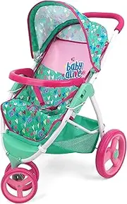509 Crew Baby Alive: Doll Jogging Stroller - Green, Pink, Hearts - Accessory for Dolls Up to 24", Foldable Design, Retractable Canopy, Storage, Kids Toy Age 3+
