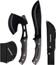 Axe and Fixed Blade Knife Combo Set Full Tang Wood Handle for Outdoor Camping