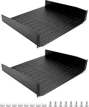 QWORK 2U Vented Cantilever Server Rack Shelf -2 Pcs 16" Deep Universal Tray for 19" Server Racks - Heavy-Duty Cold-Rolled Steel Construction - 50lb Capacity - Networking & A/V Equipment Storage, Black