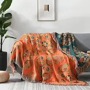 Boho 100% Cotton Throw Blanket, 90"*98" Throw Blanket, Soft Throw Blanket Queen Size for Couch Sofa Bed, Orange Reversible Bohemian Queen Blanket for Outdoor and Indoor, Orange/Green, 90"x98"