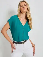 Katies Knitwear Back Woven Front Button Top - Size XXL - Womens - EMERALD