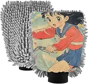 XYMZR Japanese Woman Anime Absorbent Microfiber Car Wash Mitt, Funny Cute Anime Scratch Free for Cars Cleaning, Home Cleaning Mitts, 2 Pack, 10.24” L x 7.09” W