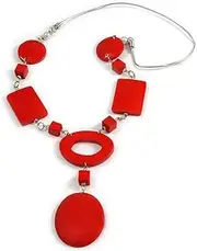 [Avalaya] Statement Red Wood Bead Geomentric Silver Cord Necklace - 66cm L/ 13cm Front Drop, One Size, cords Wood