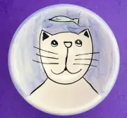 Studio Art Pottery Blue Cat Bowl White Cat w/Long Whiskers and Fish 6” SALE!