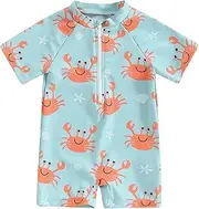 [Xeadoffubio] Toddler Baby Boy Kid Swimsuit Rash Guard Swimsuit Checkerboard Print Short Sleeve Zip Up Swimwear One Piece Bathing Suit Swimwear