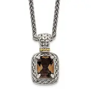 14K/Silver Two-Tone Shey Couture Sterling Silver With 14K Accent 18 Inch Antiqued Cushion Checkerboard Smoky Quartz Necklace