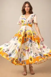Libby Maxi Dress - Flutter Cap Sleeve Button Waist Detailed A Line Dress in Floral Tansy Print