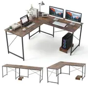 Costway Reversible L-Shaped Gaming Desk Corner Computer Desk w/Power Strip/Removable Monitor Stand Brown