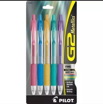 Pilot G2 Metallic Retract Refillable Rolling Ball Gel Pen Fine 0.7mm Asst 5/Pk